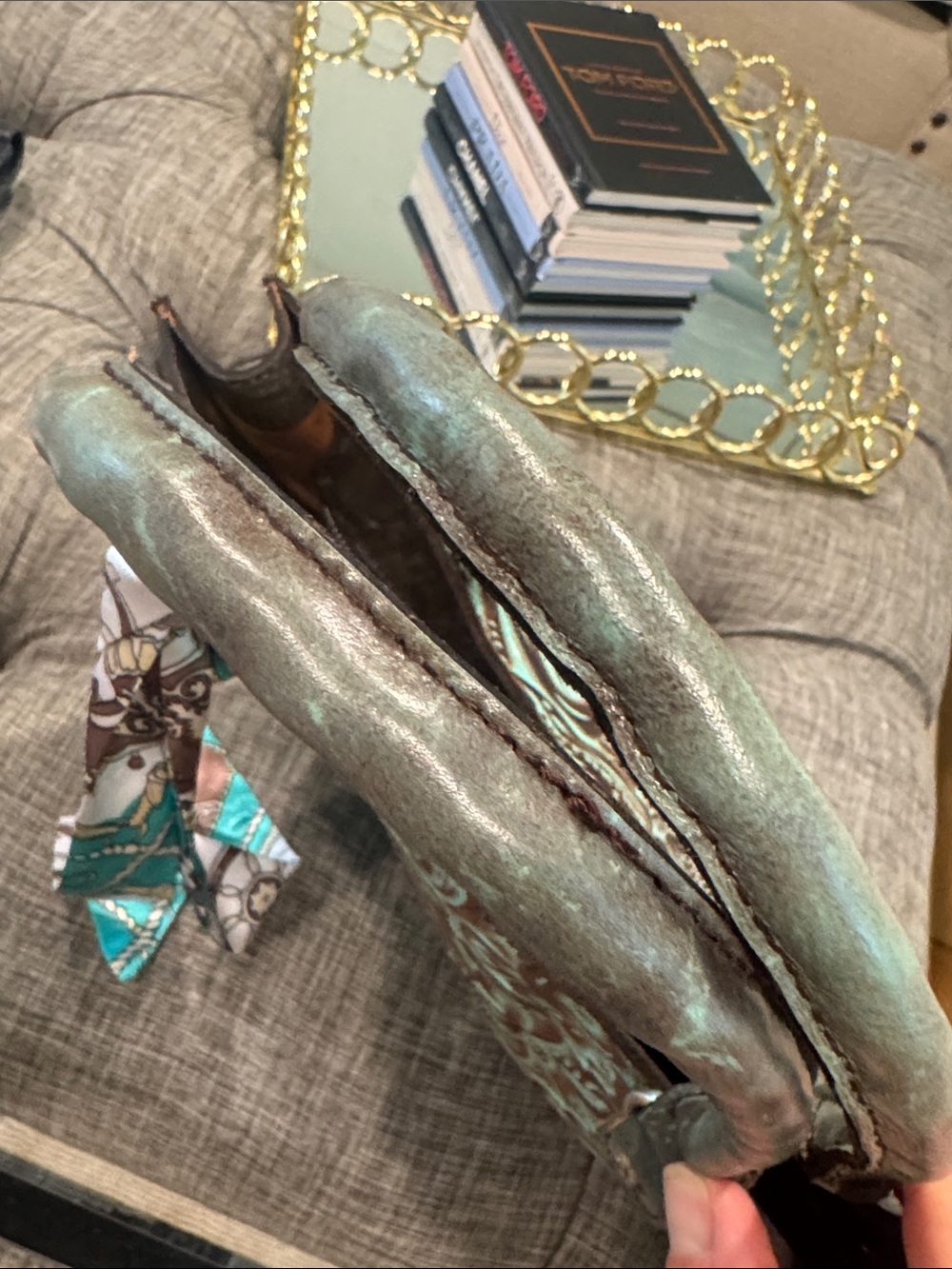 Patricia Nash Bag Vintage Tooled Turquoise and Brown Embossed Tote - Picture 16 of 17